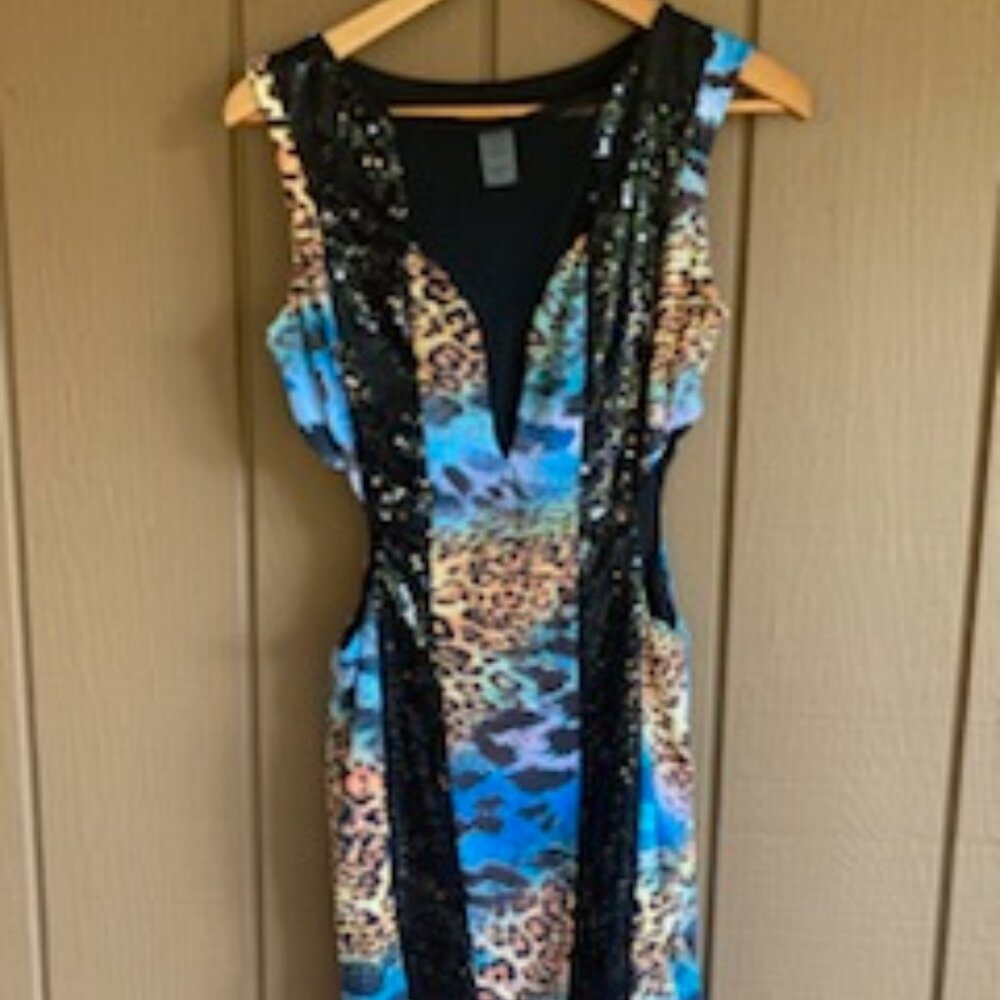 Va Va Voom Blue Cheetah Print Sequin Dress with Cutouts